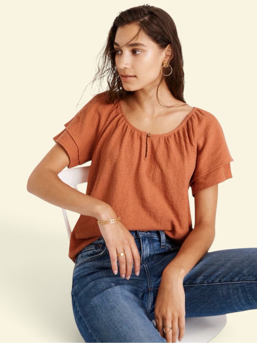 Madewell Texture & Thread Womans Small Tiered-Sleeve Top in Sweet Dahlia